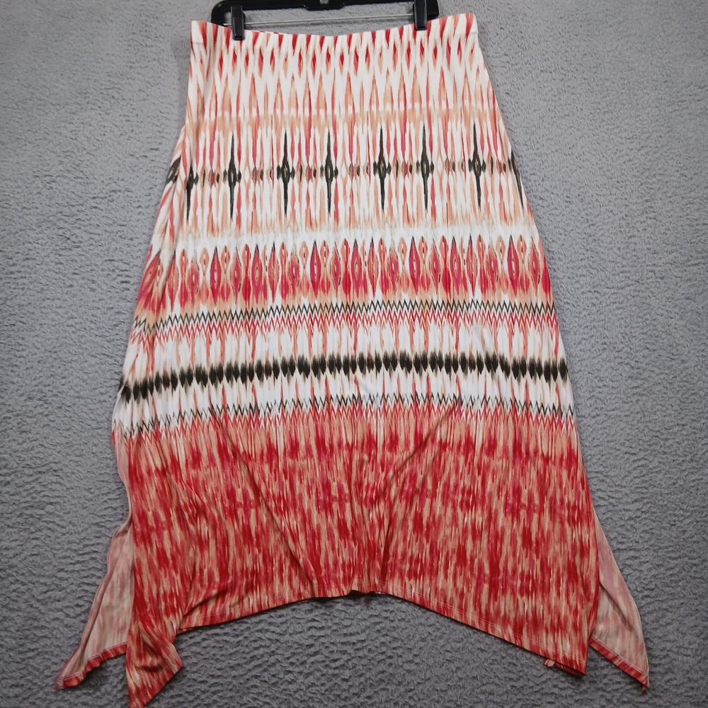 Chico's Size 2 Red Orange Ikat Print Handkerchief Hem Maxiβ Skirt